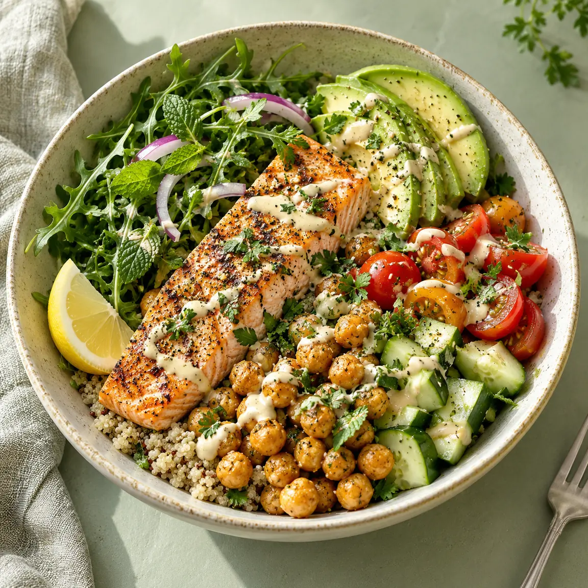 A fresh salmon bowl with colorful vegetables